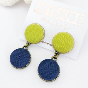 Small Bronze Double Drop Earrings-Chartreuse linen and Navy linen-Hey Jude Handmade