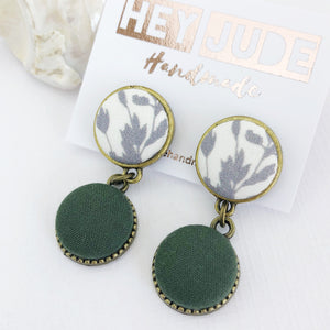 Bronze Drop Earrings-small double drops-White grey botanical print and Forrest Green-Tree of Life carving on reverse-Hey Jude Handmade