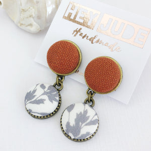 Bronze Earrings-Small Double Drops-Rust Linen and White grey botanical print-tree of life reverse-Hey Jude Handmade