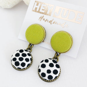 Small Double Drop-Bronze Earrings-Chartreuse linen and White black dots-Hey Jude Handmade
