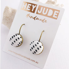 Load image into Gallery viewer, Small Bronze Drop Earrings-Bezels-Fabric Buttons-White with black dots-Hey Jude Handmade