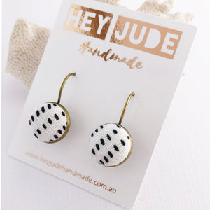 Small Bronze Drop Earrings-Bezels-Fabric Buttons-White with black dots-Hey Jude Handmade