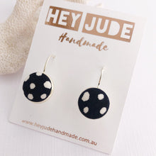 Load image into Gallery viewer, Silver Earrings-Small Bezel Drops-fabric feature-Black White Spots-Hey Jude Handmade