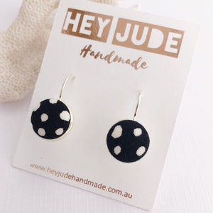 Silver Earrings-Small Bezel Drops-fabric feature-Black White Spots-Hey Jude Handmade