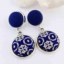 Load image into Gallery viewer, Antique Silver Statement Earrings- double drops with fabric features-dark blue smaller stud upper- dark blue cream pattern larger lower feature-Hey Jude Handmade