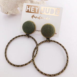 Hoop Earrings, Bronze Stud Dangles in Dark Green linen colour
