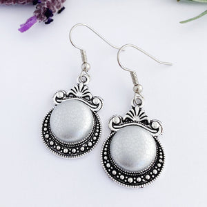 Vintage style Dangle Earrings-Antique Silver setting with fabric covered button feature-Metallic Silver Leatherette-Hey Jude Handmade