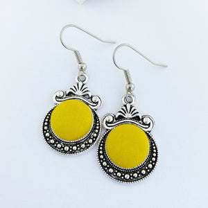Vintage Style Silver Earrings-Dangle Earrings-Antique silver setting with fabric covered button feature-Bright mustard Yellow-Hey Jude Handmade