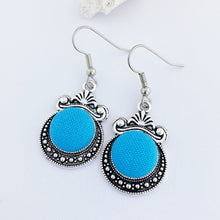 Load image into Gallery viewer, Vintage Style Dangle Earrings-Antique Silver setting with fabric covered button feature-Vivid Sky Blue-Hey Jude Handmade