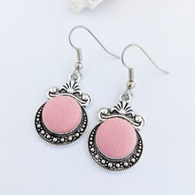 Load image into Gallery viewer, Silver Earrings-Vintage Style Dangle Earrings-Antique silver setting with fabric covered button feature-Peachy Pink-Hey Jude Handmade