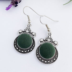 Vintage silver earrings-Antique Silver setting with fabric covered button feature-Forrest Green-Hey Jude Handmade
