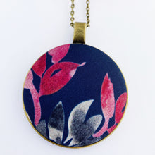 Load image into Gallery viewer, Large Long Pendant Necklace, brass- on bronze chain- with fabric feature-Navy with pink grey leaves- Hey Jude Handmade