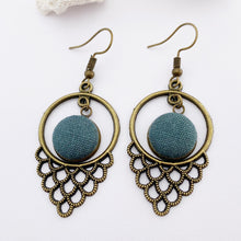 Load image into Gallery viewer, Bronze Window Dangle Earrings-lightweight earrings in filigree and round circular window design-with small fabric covered button middle feature-Pine Green linen-Shepherd Hook ear wires-Hey Jude Handmade