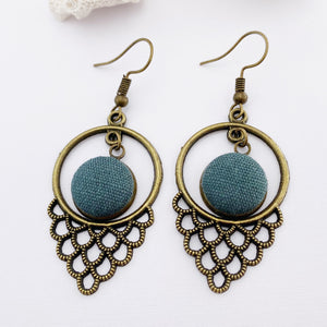 Bronze Window Dangle Earrings-lightweight earrings in filigree and round circular window design-with small fabric covered button middle feature-Pine Green linen-Shepherd Hook ear wires-Hey Jude Handmade