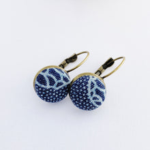 Load image into Gallery viewer, Small Bronze Bezel Drop Earrings-with favric covered button feature-Patterned Denim-Hey Jude Handmade