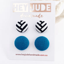 Load image into Gallery viewer, Fabric Stud Earrings-Small and Medium sizes-2 pack-White Black Geometric pattern + Teal linen-Hey Jude Handmade