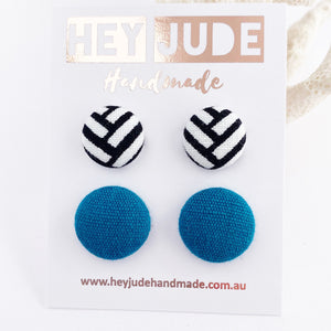 Fabric Stud Earrings-Small and Medium sizes-2 pack-White Black Geometric pattern + Teal linen-Hey Jude Handmade