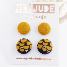Load image into Gallery viewer, Fabric Stud Earrings-Small and Medium sized Studs-2 pack-Mustard Yellow Linen + Grey Mustard pattern-Hey Jude Handmade