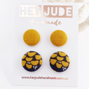 Fabric Stud Earrings-Small and Medium sized Studs-2 pack-Mustard Yellow Linen + Grey Mustard pattern-Hey Jude Handmade