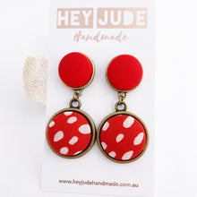Load image into Gallery viewer, Antique Bronze Double Drop Earrings-Statement Earrings-Bright Red + Red White Dots-Hey Jude Handmade