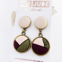 Load image into Gallery viewer, Antique Bronze Double Drop-Statement Earrings-Blush Pink Leatherette upper+ Pink Aubergine Olive lower fabric design-Hey Jude Handmade