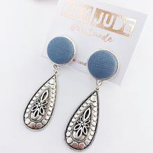 Load image into Gallery viewer, Antique Silver Boho Earrings-Stud Dangles-Duck Egg Blue Linen feature-Hey Jude Handmade