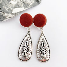 Load image into Gallery viewer, Antique Silver Boho Style Drop Earrings-Burgundy Rust linen top stud feature-Hey Jude Handmade