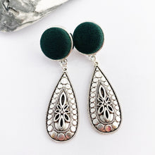 Load image into Gallery viewer, Antique Silver Drop Earrings-Dark Bottle Green fabric top stud feature and antique Silver Boho style embellishment-Hey Jude Handmade