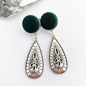 Antique Silver Drop Earrings-Dark Bottle Green fabric top stud feature and antique Silver Boho style embellishment-Hey Jude Handmade