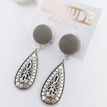 Load image into Gallery viewer, Antique Silver Boho Drop Earrings-Stud Dangles with fabric button feature-Grey Sage Linen-Hey Jude Handmade