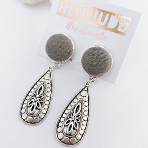 Antique Silver Boho Drop Earrings-Stud Dangles with fabric button feature-Grey Sage Linen-Hey Jude Handmade