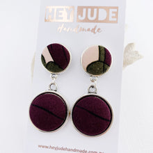Load image into Gallery viewer, Antique Silver Statement Earrings-Double Drops-Aubergine Pink Olive fabric upper+Aubergine bottom feature-Hey Jude Handmade