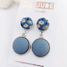 Load image into Gallery viewer, Antique Silver Statement Earrings-Double Drops with fabric button features-Light Blue Floral upper + Duck Egg Blue Linen larger bottom-Hey Jude Handmade
