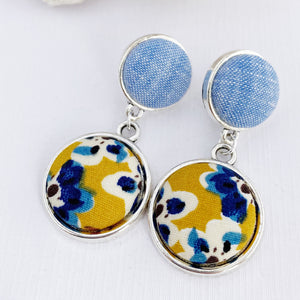 Antique Silver Double Drop Earrings-Light Blue + Mustard Blue Floral-Hey Jude Handmade