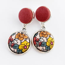Load image into Gallery viewer, Antique Silver Statement Earrings-Double Drops of fabric button features in antique silver-Raspberry Linen upper-Multi Colour Floral-Hey Jude Handmade