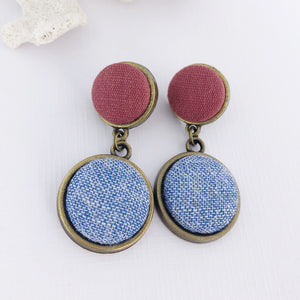 Bronze Double Drop, Statement Earrings, Raspberry Pink linen + light blue woven fabric