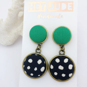 Antique Bronze Statement Earrings-Double Drops-Fabric features-Vivid Green and Black, White Spots-Hey Jude Handmade