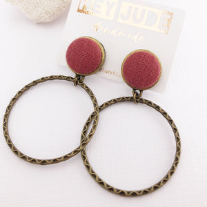 Hoop Earrings-Antique Bronze-Raspberry Pink linen-Stud Dangles-Hey Jude Handmade