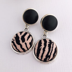 Antique Silver Double Drop Earrings, Statement Earrings, Black Leatherette + Pink Zebra Print-Hey Jude Handmade