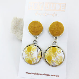 Antique Silver Statement Earrings-Double Drops-Mustard Yellow linen upper and Golden Wattle bottom-Hey Jude Handmade