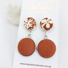 Load image into Gallery viewer, Antique Silver Double Drop-Statement Earrings-Toffee floral upper and Rust Linen bottom-Hey Jude Handmade