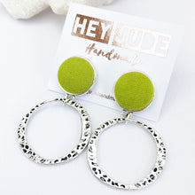 Load image into Gallery viewer, Antique Silver Hoop Earrings-Hammered Silver Hoops-with Chartreuse line pop of colour-Hey Jude Handmade