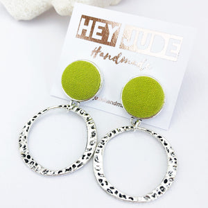 Antique Silver Hoop Earrings-Hammered Silver Hoops-with Chartreuse line pop of colour-Hey Jude Handmade