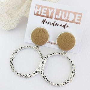 Silver Hoop Earrings-Antique Silver Stud Dangles-Sand Linen-Fabric Feature-Irregular Hammered Hoops-Hey Jude Handmade