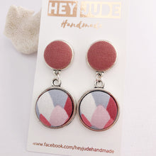 Load image into Gallery viewer, Antique Silver Double Drop Earrings, Statement Earrings, Dusky Rose Pink Linen and Pink White Grey Pattern-Hey Jude Handmade