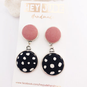 Antique Silver Statement Earrings-DoubleDrops-Dusky Rose Linen and Black, white spots-Hey Jude Handmade