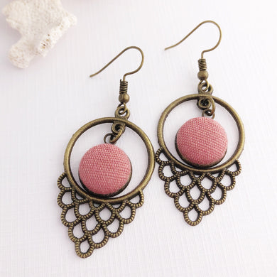 Bronze Dangle Earrings Dusky Rose Pink Linen