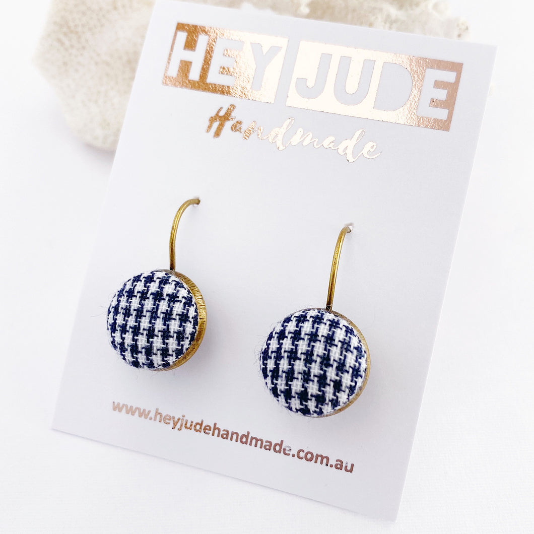 Small Bronze Drop Earrings-Bezel edge with fabric button feature-Navy Houndstooth pattern-Hey Jude Handmade
