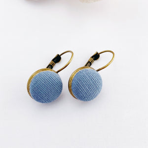 Small Bronze Bezel Drop Earrings-Duck Egg Blue Linen button feature-Hey Jude Handmade