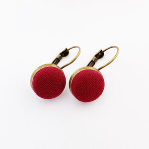 Small Bronze Bezel edge Drop Earrings-Maroon fabric covered button feature-Hey Jude Handmade